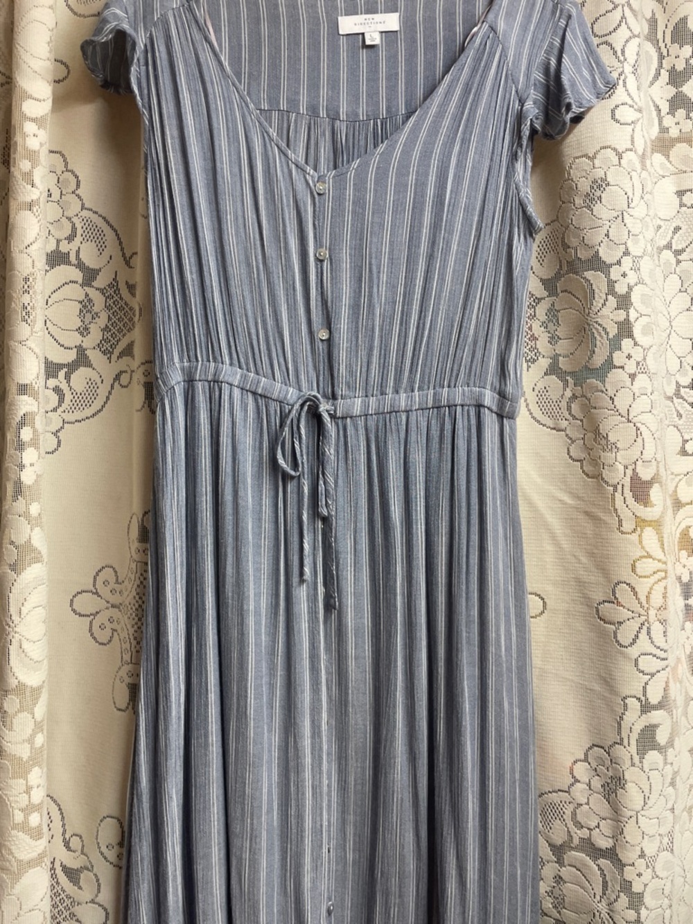 New Directions Blue Striped Elastic/Tie-Waist Maxi Dress Large
